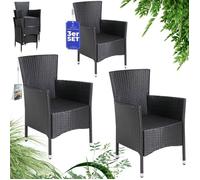 CASARIA® Set de 3 chaises de jardin en polyrotin noir 88x59x59cm Pour salle à manger salon ou extérieur Empilables