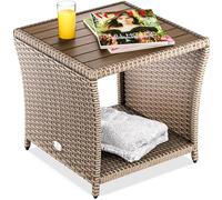 Casaria® Table d'appoint en polyrotin 45x45x40cm crème avec Plateau en Bois d'acacia Petite Table Basse de Jardin Balcon extérieur