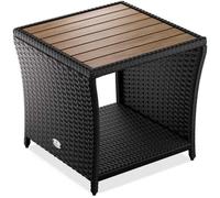 CASARIA® Table d'appoint en polyrotin 45x45x40cm noir avec plateau en bois d'acacia Petite table basse de jardin balcon extérieur