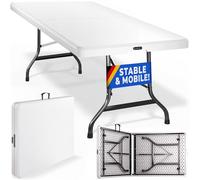 CASARIA Table de Camping Pliable 10 Personnes | 220x70cm, 75kg, table légère plastique, blanc, poignée de transport, pique-nique, camping, table de jardin, table d'appoint