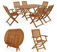 Casaria® Table De Jardin Exterieur avec Chaise 6 Personnes - Table Ovale Extensible en Bois D'Acacia, Résistant Aux Intempéries avec Trou pour Parasol Intérieur/Extérieur