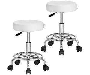 Casaria® Tabouret à roulettes Blanc Set de 2 réglable en Hauteur 51-65 cm Rembourrage 10 cm pivotable 360 °C Repose-Pieds Bureau