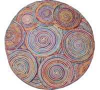 CASAVANI Tapis indien tressé à la main en coton et jute - Motif géométrique multicolore et beige - Pour chambre à coucher, salle à manger et cuisine - Rond - 1,2 x 1,2 m