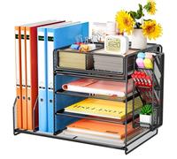 Casavibe Organiseur de bureau avec porte-dossiers, organiseur de papier à 5 niveaux avec porte-stylos, organiseur de fichiers de bureau en maille avec porte-revues (noir)