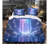 Cascade fantastique 3D Imprimé Housse de couette 3 pièces Microfibre lavable machine Paysages cosmiques oniriques Drap de couette 2 taies éclair dissimulé déco chambre adulte Single (135x200cm)