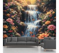 Cascade Fleurs Papillon Forêt Film Stickers Muraux Autocollant Soleil Plantes Floral Papier Peint, Paysages Mural pour Salon Chambre Décoratif Papier Pour Meuble Stickers Muraux 366 x 254 cm