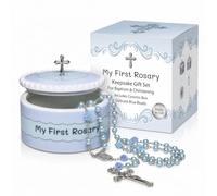 Cascade Goods - Mon premier chapelet bleu et boîte à souvenirs, cadeaux de baptême catholique pour garçons, cadeaux de première communion pour garçons ou filles, baptême de la part des parrains et