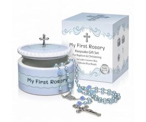 Cascade Goods - Mon premier chapelet bleu et boîte à souvenirs, cadeaux de baptême catholique pour garçons, cadeaux de première communion pour garçons ou filles, baptême de la part des parrains et