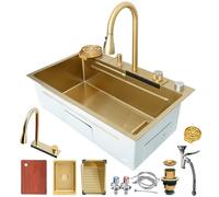 Cascade Noire, Grande cuve Simple en Acier Inoxydable avec Robinet extractible à 360°, Affichage LED, Siphon et Ensemble de vidange - Cuisine Moderne avec Bar (Or n° 0A1, 80 x