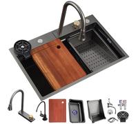 Cascade Noire, Grande cuve Simple en Acier Inoxydable avec Robinet extractible à 360°, Affichage LED, Siphon et Ensemble de vidange - Préparation de Bar de Cuisine Moderne (No