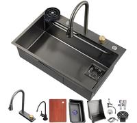 Cascade Noire, Grande cuve Simple en Acier Inoxydable avec Robinet extractible à 360°, Affichage LED, Siphon et Ensemble de vidange - Préparation de Bar de Cuisine Moderne (No