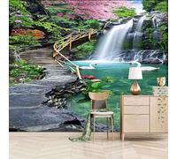 Cascade Rivière Cygne Arbre Fleurs Papier Peint 3D Installation Facile Intissé Tapisserie Bureau Salon Canapé Chambre Décoration Murale-200cm×140cm