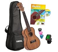 CASCHA HH 2036 FR Premium Ukulélé Concert en acajou avec manuel d'instruction français, accordeur, sac rembourré, 3 plectres et cordes Aquila de qualité