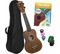 CASCHA Soprano Ukulele, Kit de démarrage Ukulele avec 3 piques Sac Livre d'instruction Vidéos d'apprentissage via QR-Code Tuner, Set Aquila Strings Nylon, Petite Guitare Hawaïenne Marron