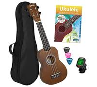 CASCHA Soprano Ukulele, Kit de démarrage Ukulele avec 3 piques Sac Livre d'instruction Vidéos d'apprentissage via QR-Code Tuner, Set Aquila Strings Nylon, Petite Guitare Hawaïenne Marron