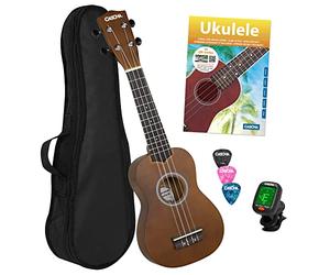 CASCHA Soprano Ukulele, Kit de démarrage Ukulele avec 3 piques Sac Livre d'instruction Vidéos d'apprentissage via QR-Code Tuner, Set Aquila Strings Nylon, Petite Guitare Hawaïenne Marron