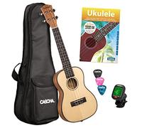 CASCHA Ukulélé de concert, couverture en épicéa massif, top solide, kit d'apprentissage de guitare hawaïenne avec accessoires, cordes aquila, livre débutant, sac, accordeur et 3 médiators