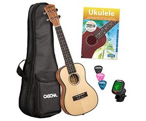 CASCHA Ukulélé de concert, couverture en épicéa massif, top solide, kit d'apprentissage de guitare hawaïenne avec accessoires, cordes aquila, livre débutant, sac, accordeur et 3 médiators