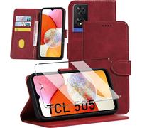 Case And Tempered Glass Compatible With Tcl 505 Protective Case Cover Shockproof Screen Protector [Premium Pu Leather Case] [Flip Case] [Wallet Pouch], Red