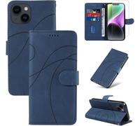 Case Compatible With Iphone 14 With 1 Piece Tempered Glass Screen Protector, Pu Leather Flip Cover With Stand And Wallet Function (Blue)