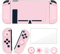 Case Compatible with Nintendo Switch,Pink Slim PC Protective Case for NS Console and Joy-Con Controllers with Glass Screen Protector and 4 Thumb Grips (Sakura Pink)
