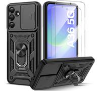 Case Compatible With Samsung Galaxy A36 5g With 2 Tempered Glass, Sliding Lens Cover, 360° Rotatable Military Pc Reinforced Armor Shockproof Bumper Case ¿ Black