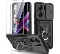 Case Compatible With Xiaomi Poco X7 Pro 5g With 2 Tempered Glass, Sliding Lens Cover, 360° Rotatable Military Pc Hard Pc Reinforced Armor Shockproof Bumper Case ¿ Black