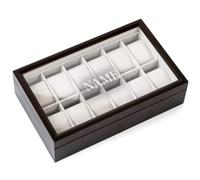 CASE ELEGANCE Boîte à Montres en Bois Massif Couleur Expresso Organisateur avec Couvercle en Verre 12 Compartiments de Monogrammé