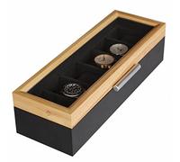 CASE ELEGANCE Boîte à Montres en Bois Massif Noir et Beige, Boite de Rangement pour Montres Organisateur avec Couvercle en Verre et 6 Compartiments
