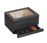 CASE ELEGANCE Kobi Cave À Cigares Moderne, Design À Lattes en Bois Gris Foncé, Hygromètre Numérique, Cèdre Espagnol, Solution avec Système Hydraulique Et Tiroir Caché pour Accessoires (50-80 Cigares)