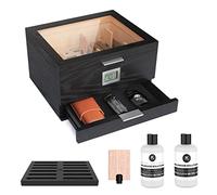 Case Elegance Mill Glass Top Humidor with Matte Black Wood Grain with Front Digital Hygrometer, Spanish Cedar, Humidor Solution, Hydro System, and Accessory Drawer - Holds (30-60 Cigars)