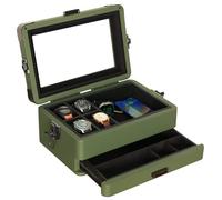 CASE ELEGANCE Organisateur de boîtier de montre militaire à 10 emplacements pour hommes, dessus en verre véritable, plateau de valet modulaire, Apple Watch compatible avec le support Apple Watch-Vert