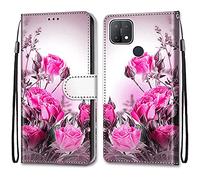 Case Étui pour Oppo A15,pour Oppo A15s Coque Emplacement Carte Portefeuille PU Leather Cuir Anti-Rayures Antichoc Protection Housse Support Flip Wallet Case pour Oppo A15/A15S,Fleur Rose Rose
