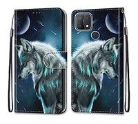 Case Étui pour Oppo A15,pour Oppo A15s Coque Emplacement Carte Portefeuille PU Leather Cuir Anti-Rayures Antichoc Protection Housse Support Flip Wallet Case pour Oppo A15/A15S,Moonnight Wolf
