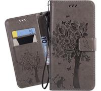 Case For Huawei P Smart 2019 Leather Wallet Magnetic Protective Pouch Bumper Silicone Flip Cover Case For Huawei P Smart 2019 With Credit Card Holder, Cat & Tree (Grey)
