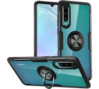 Case For Huawei P30, Protection Armor Design Clear Crystal Fibre Glass With 360 Degree Rotating Stand For Finger Grip [Magnetic Car Holder] P30, Black Frame