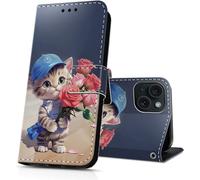 Case For Iphone 15 Magnetic Card Slots Protection Cover Multifunction Shockproof Silicone Case Cover Iphone 15 Pu Leather Wallet Flip Case - Rose Red And Cat