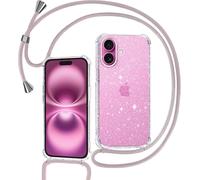 Case For Iphone 16 With Cord, Necklace Case Glitter Transparent Glitter Tpu Bumper Silicone Case With Chain Strap Cover ¿ Rose Gold