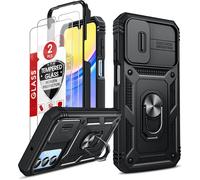 Case For Samsung Galaxy A15 4g/5g Shockproof Sliding Lens: 2 Tempered Glass + Ring Stand, Camera Protection, Reinforced Hard Pc Armor Heavy Duty Bumper Case Cover A 15 - Black