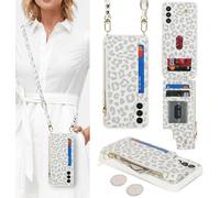 Case For Samsung Galaxy A15 Case With Credit Card Holder, Case For Samsung Galaxy A15 Cover With Neck Strap Wallet With Credit Card Slots-Leopard White