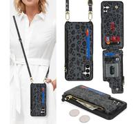 Case For Samsung Galaxy A15 Case With Credit Card Holder, Case For Samsung Galaxy A15 Cover With Neck Strap Wallet With Credit Card Slots-Leopard Black