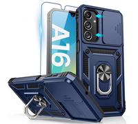 Case For Samsung Galaxy A16 5g/4g, With Tempered Glass Parts, Sliding Lens Cover, Stand 360° Rotating Military Pc Armor Case, Blue