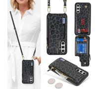 Case For Samsung Galaxy A54 5g Case With Credit Card Holder, Case For Samsung Galaxy A54 5g Case Cover With Neck Strap Wallet With Credit Card Slots-Leopard Black