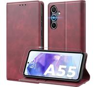 Case For Samsung Galaxy A55 5g [Tempered Glass Protection *1] [Rfid Signal Blocking ] [Stand Function] [Wallet Pocket] Flip Case For Samsung A55-Red