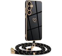 Case For Samsung Galaxy A55 5g With Cord, Case With Necklace Love Heart Design Electroplated Silicone Cover, Adjustable Removable Cord Case For Samsung Galaxy A55 5g, Gold Black