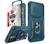 Case For Samsung S24 5g With 2 X Tempered Glass+Ring Stand, Full Protection Hard Pc Camera Anti-Fall Reinforced Armor Heavy Duty Shockproof Bumper Case Cover For Galaxy S24 5g Blue