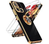 Case For Xiaomi Redmi 12c/11a/Xiaomi Poco C55 With 2 Tempered Glass Screen Protectors And Phone Ring 360° Rotating, Slim Soft Tpu Shockproof Case Cover ¿ Black