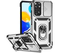 Case For Xiaomi Redmi Note 11 4g/Redmi Note 11s With Camera Cover And Kickstand,Sliding Camera Cover + 360 Degree Ring Stand Shockproof Case-Silver