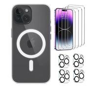 case & glass Pack complet 9 articles en 1 4 protecteurs en verre trempé HD, 4 protections en verre trempé pour appareil photo arrière, 1 coque transparente Magsafe compatible avec Apple iPhone 15