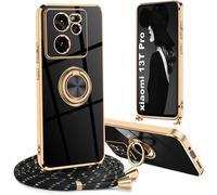 Case With Cord For Xiaomi 13t/Xiaomi 13t Pro Case With Ring 360° Rotating, Magnet Car Holder Bumper Case, Shockproof Soft Tpu Silicone, Adjustable Collar, Black